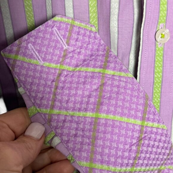 ROBERT GRAHAM Mens size Large Purple stripe dress shirt flip cuffs - Picture 10 of 13